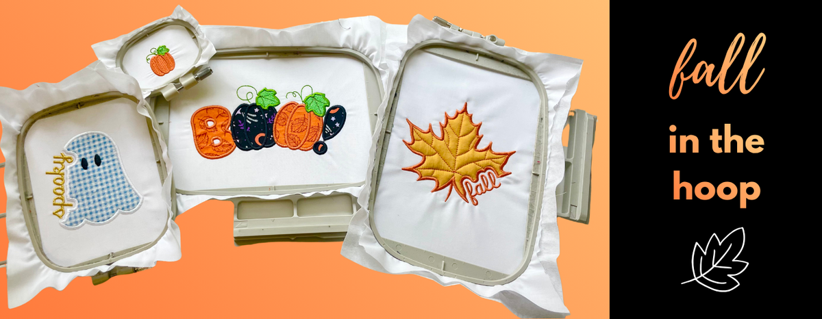 Four embroidery hoops displaying finished autumn-themed embroidery designs, including a ghost, pumpkins, a maple leaf, and a pumpkin, set against an orange background with a black sidebar reading 'fall in the hoop'.